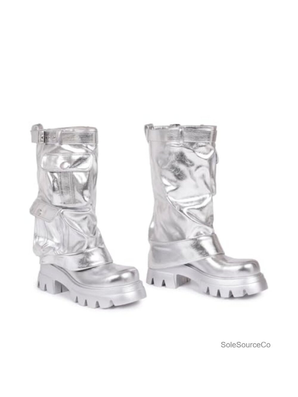 Metallic Faux Leather Cargo Platform Mid Calf Boots Buckle Chunky Sole